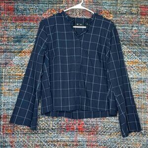 MadeWell womens navy gray Windowpane plaid bell sleeve button top L g0386